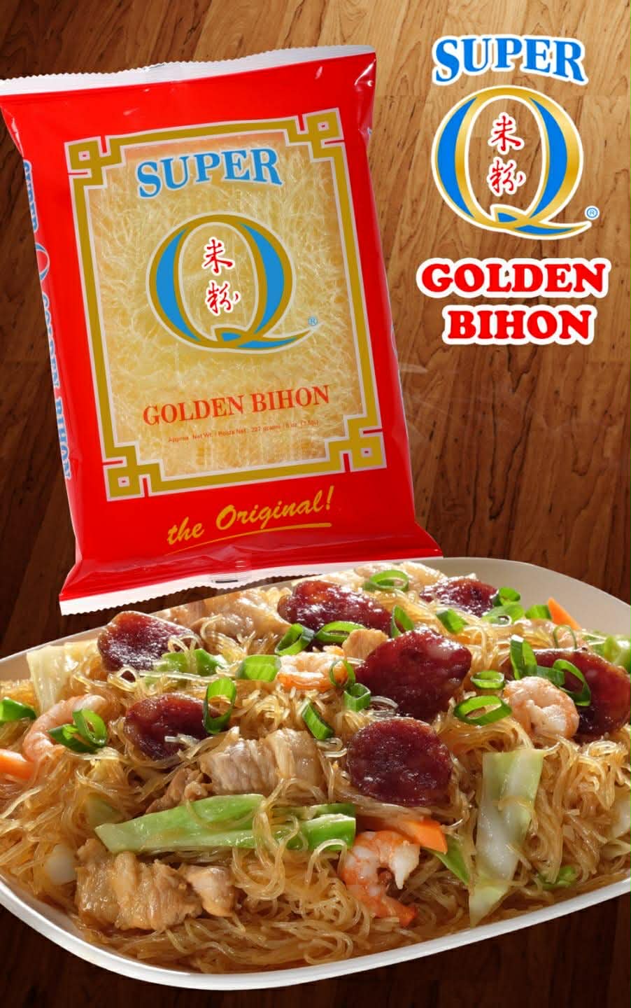Super Q Golden Bihon pack with a plate of pancit bihon